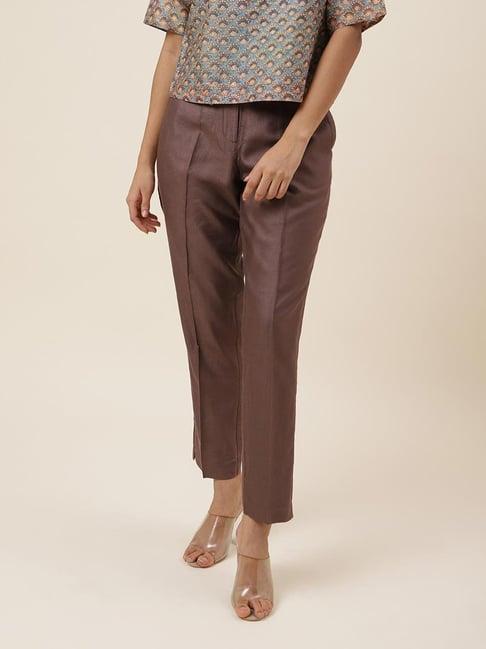 fabindia dark brown slim fit mid rise trousers