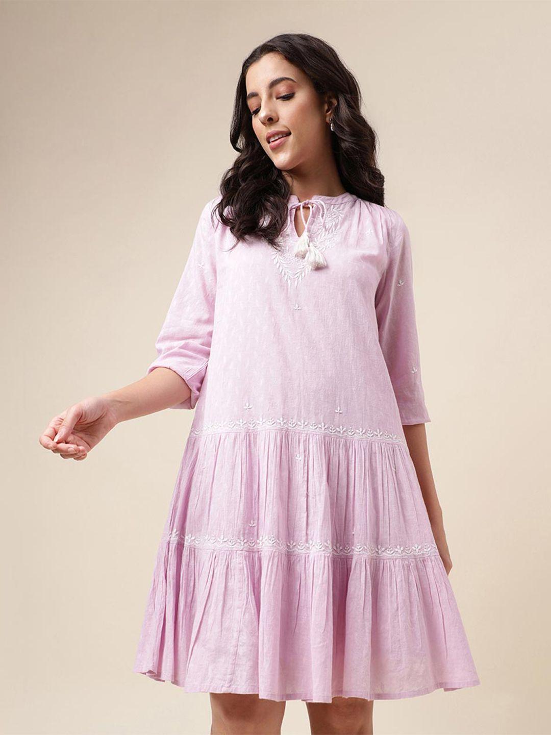 fabindia embroidered tie-up neck a-line cotton dress