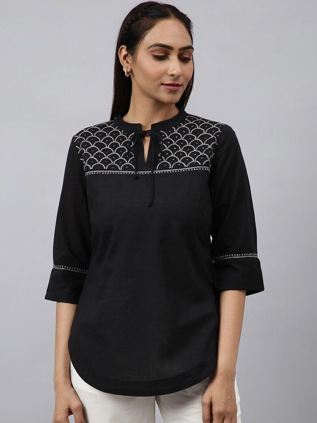 fabindia embroidered tie-up neck top