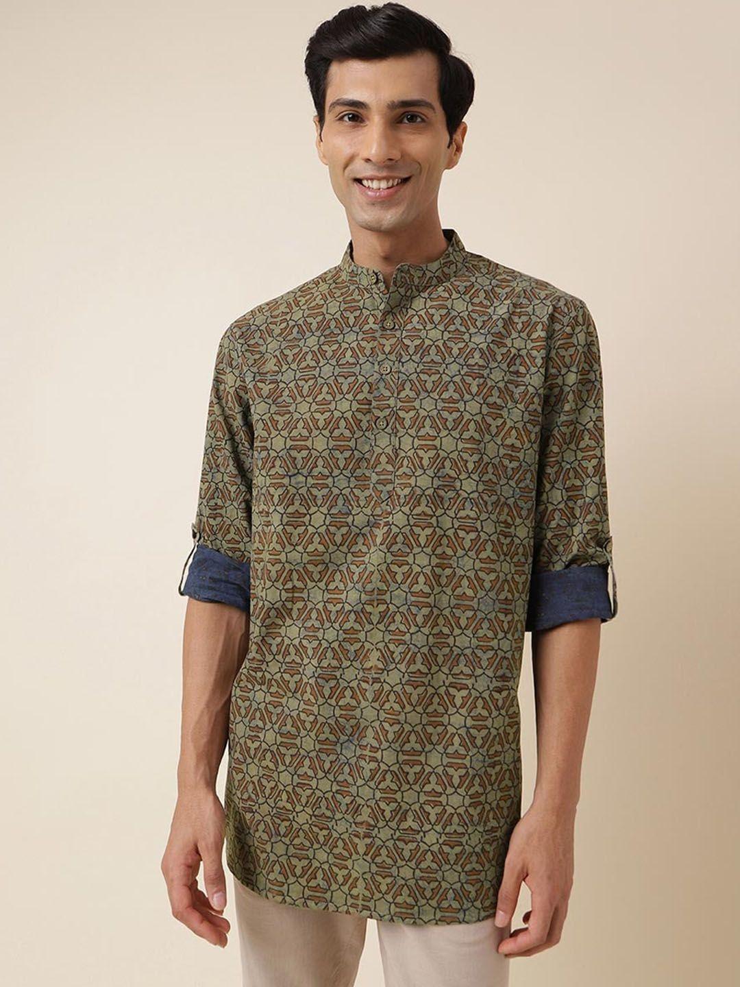 fabindia ethnic motifs printed band collar roll-up sleeves straight kurta