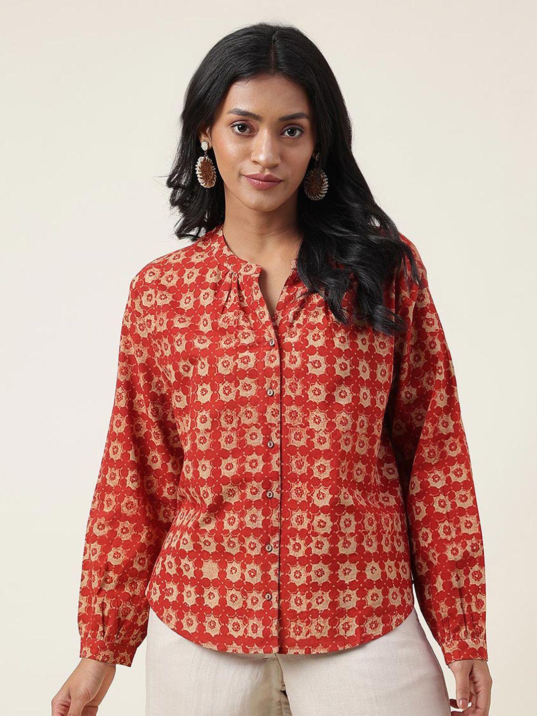 fabindia ethnic motifs printed mandarin collar cotton shirt style top