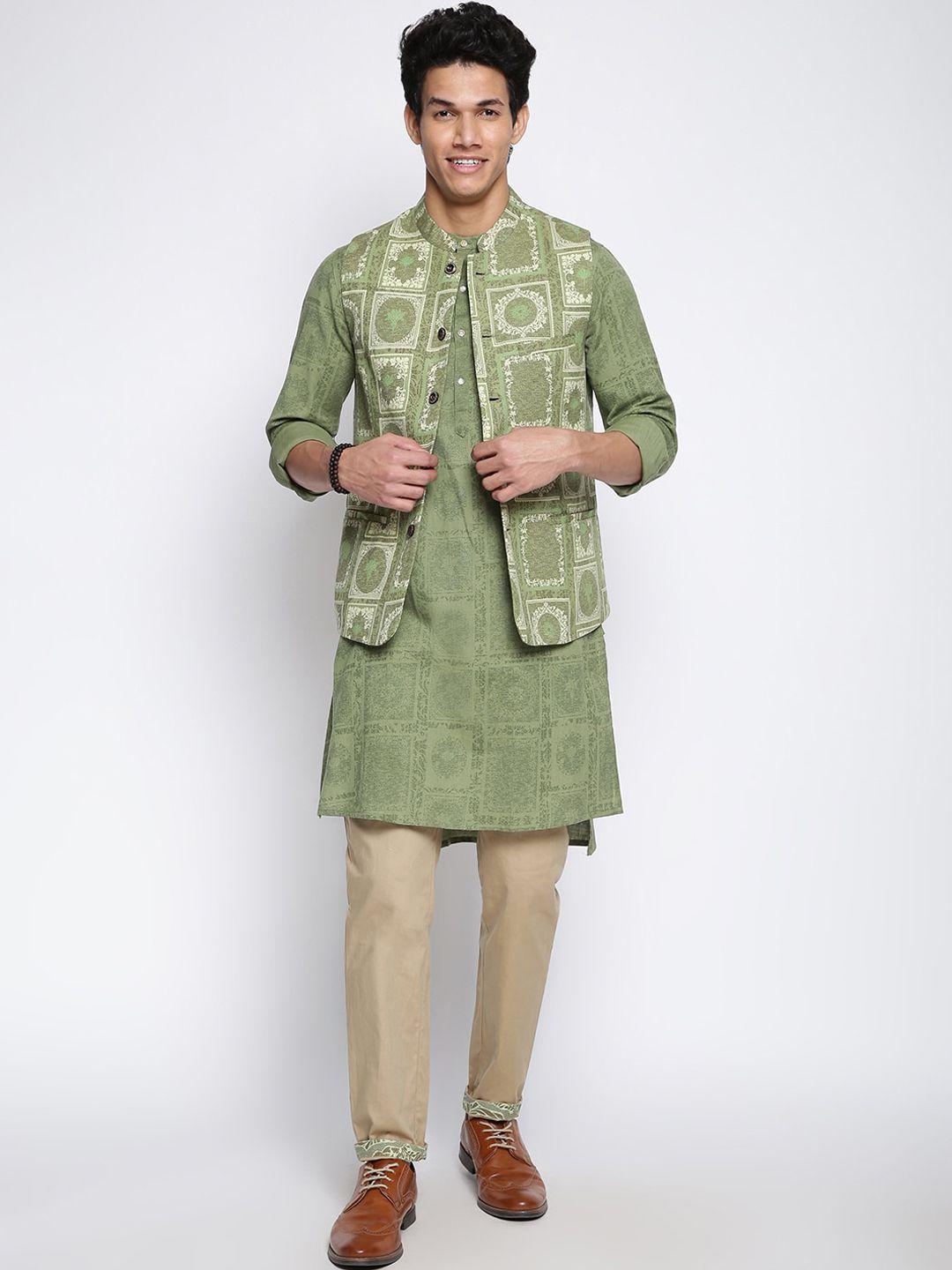 fabindia ethnic motifs printed printed pure cotton kurta with printed nehru jacket