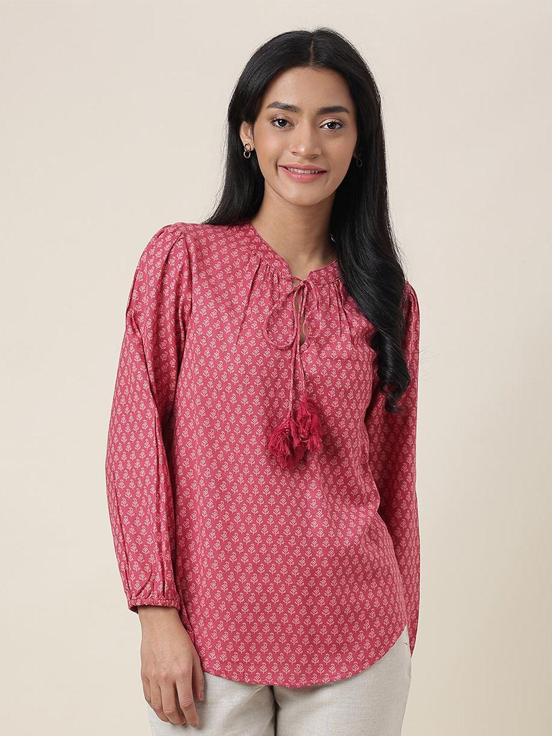 fabindia ethnic printed tie-up neck gathered cotton top