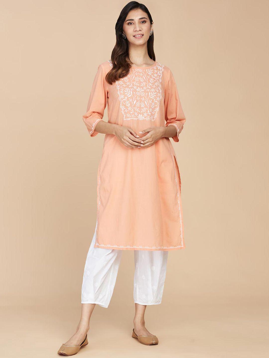 fabindia floral embroidered boat neck pure cotton kurta with trousers
