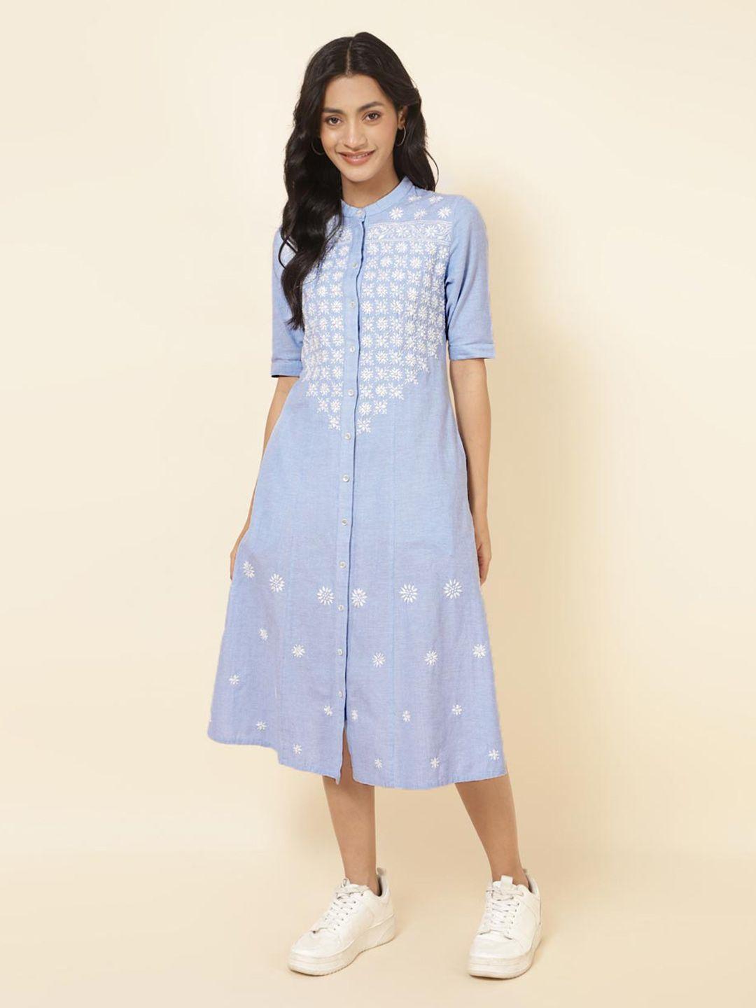 fabindia floral embroidered cotton chikankari a-line midi dress