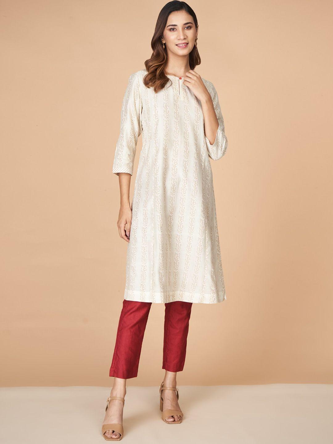 fabindia floral embroidered keyhole neck cotton silk straight kurta