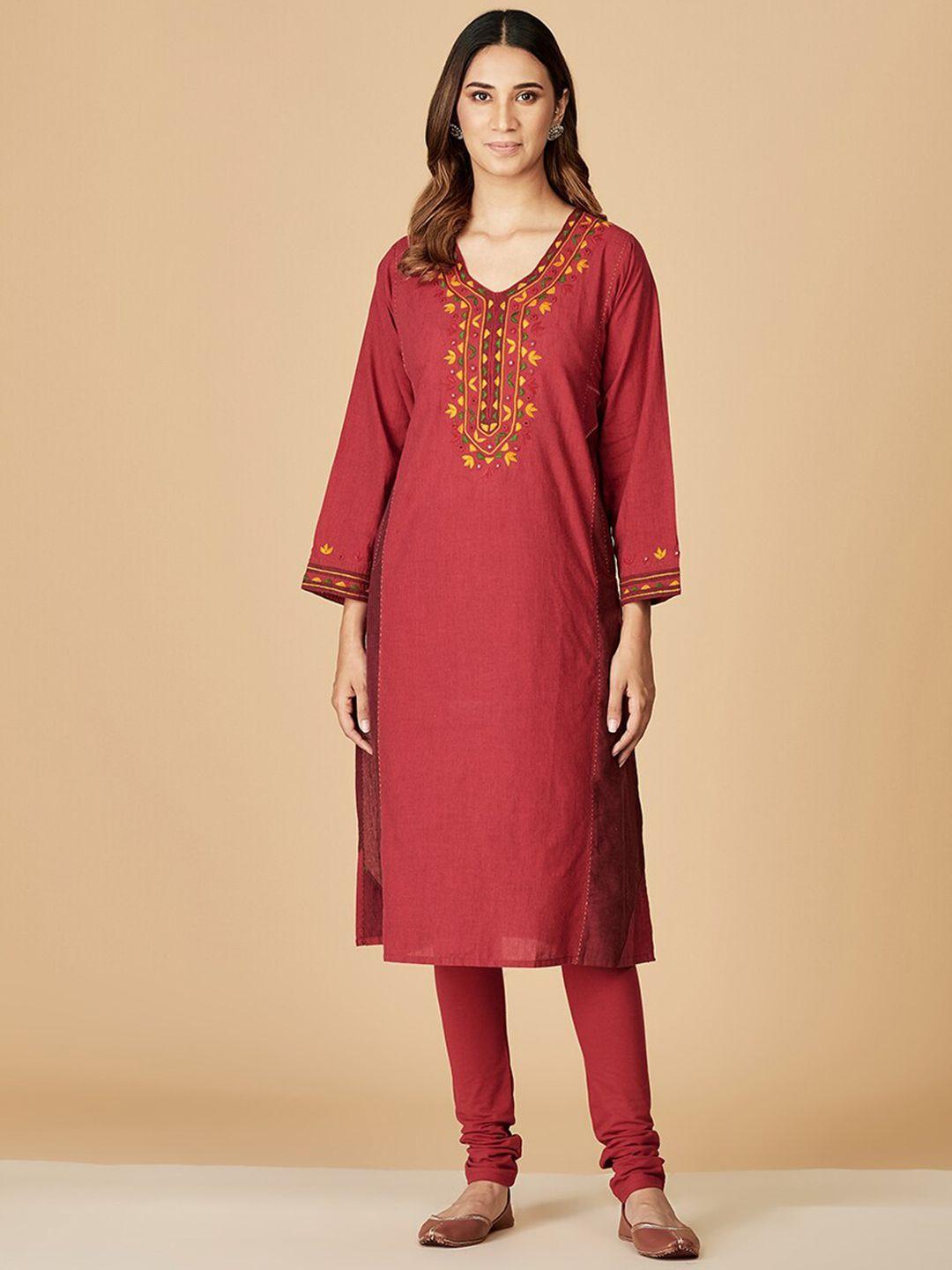 fabindia floral embroidered mirror work panelled cotton kurta