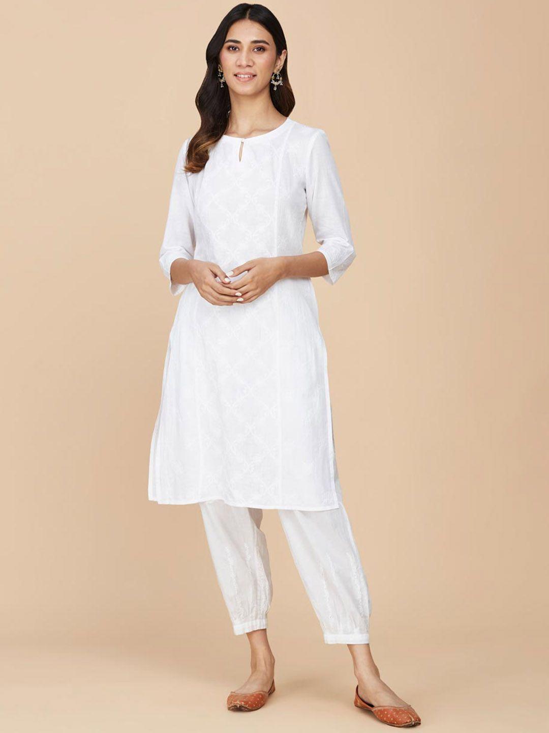 fabindia floral embroidered thread work pure cotton straight kurta