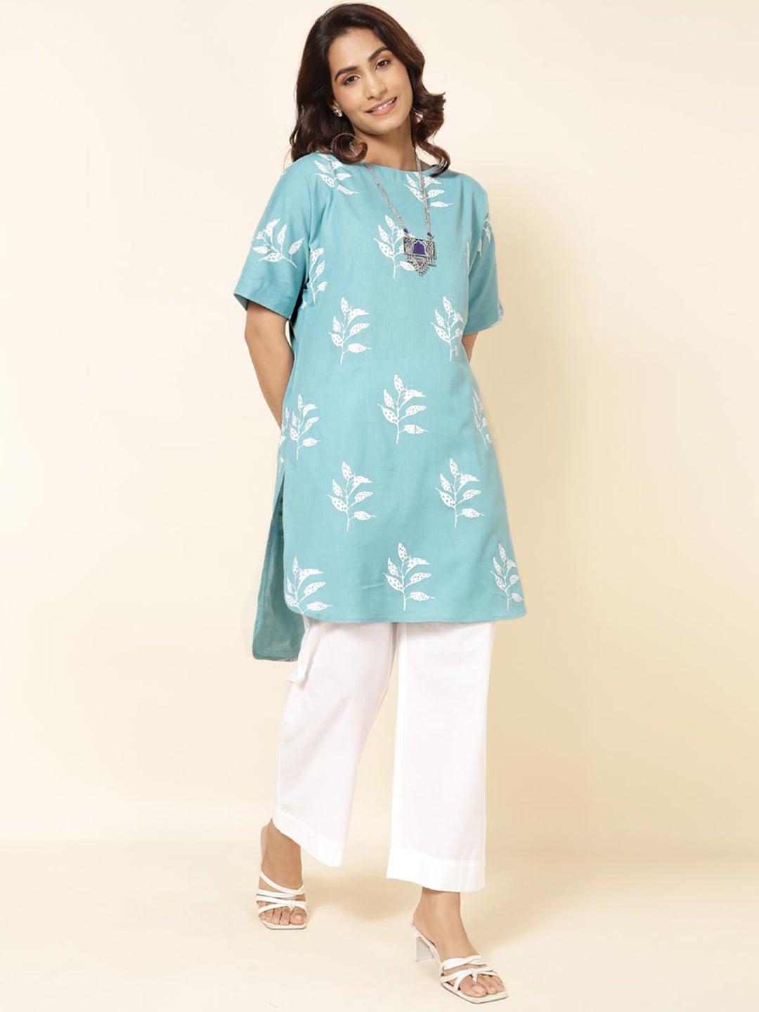 fabindia floral printed extended sleeves cotton linen high low kurta
