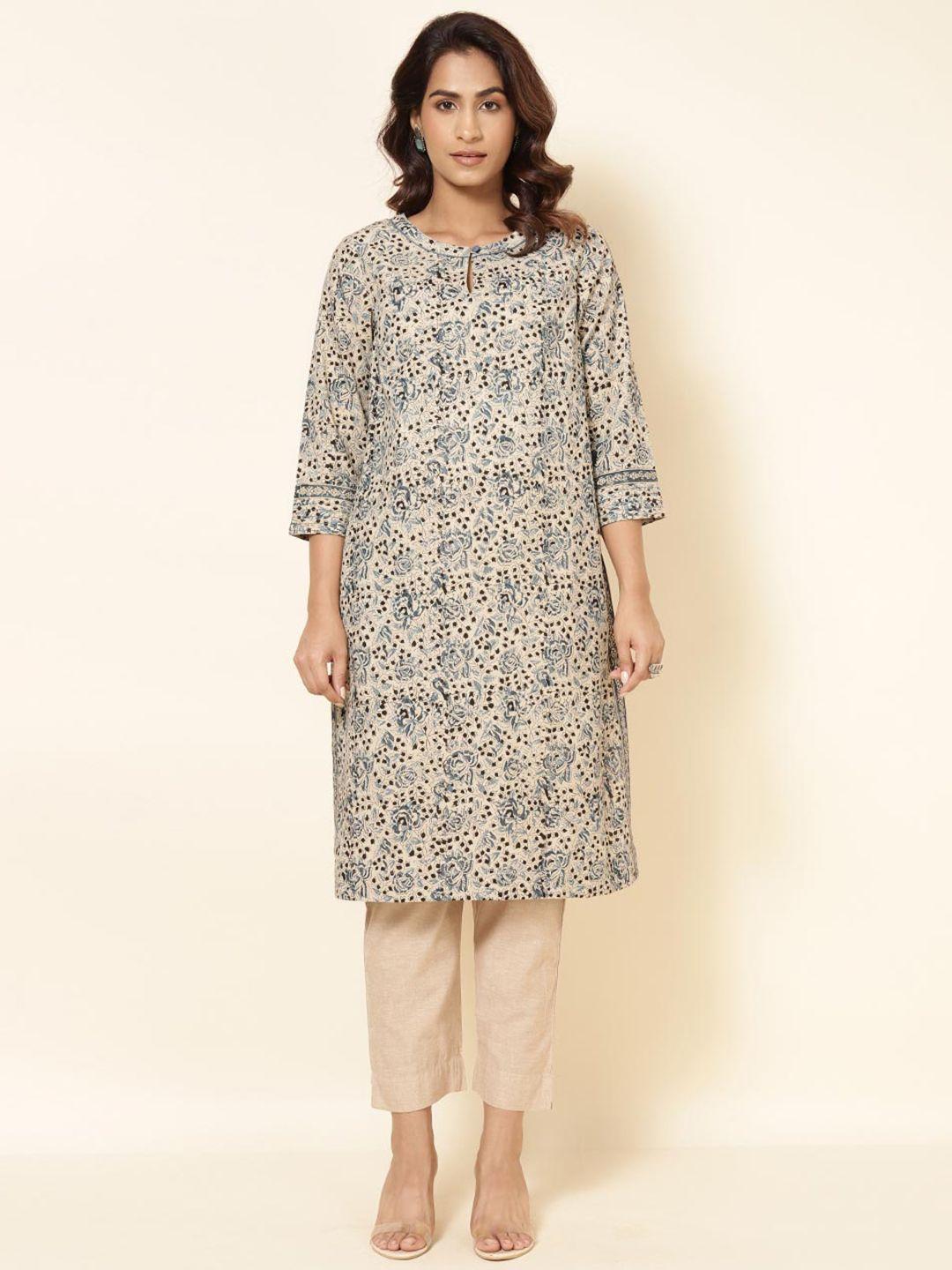 fabindia floral printed keyhole neck cotton kurta