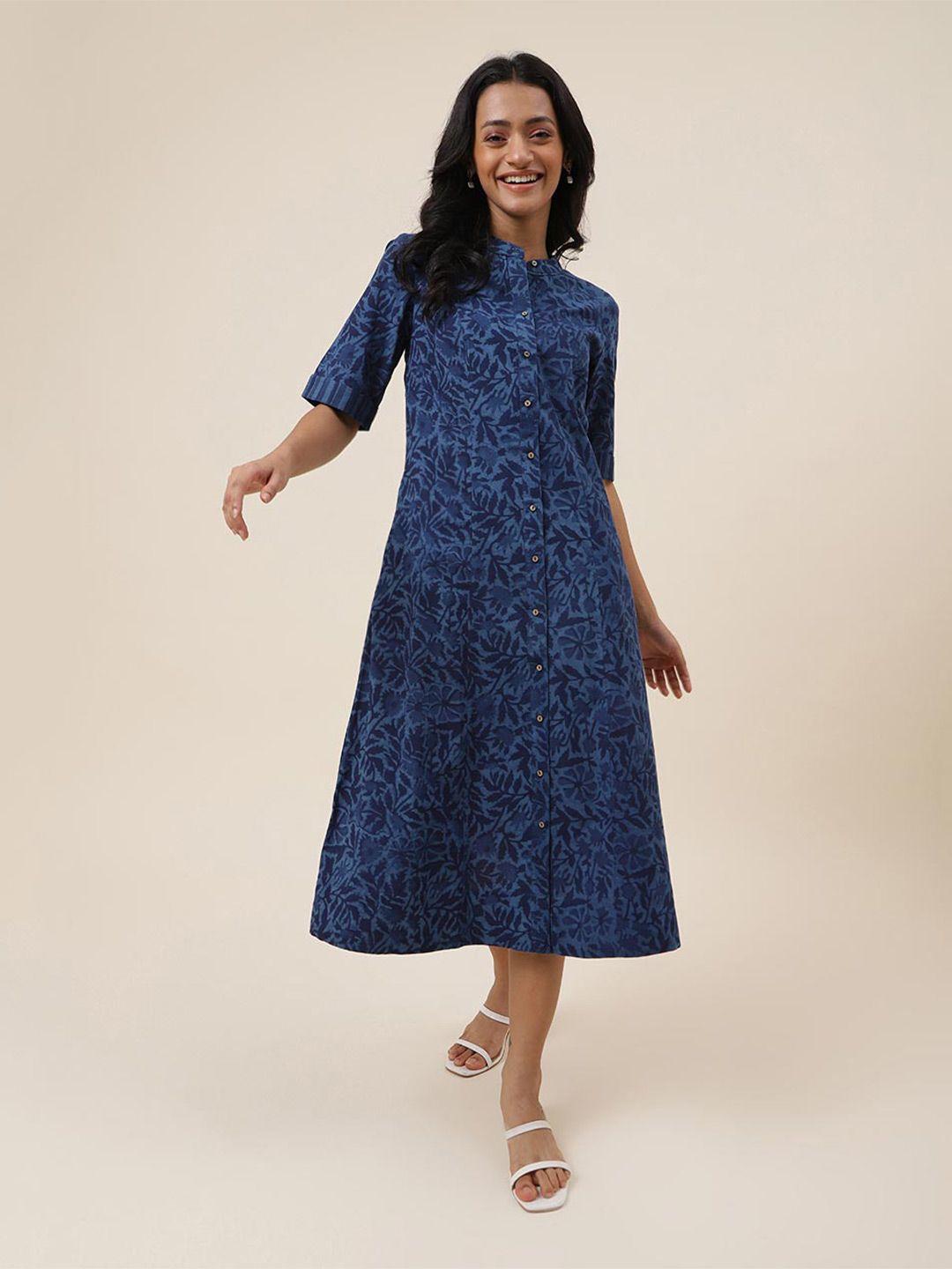 fabindia floral printed mandarin collar pure cotton a-line midi dress