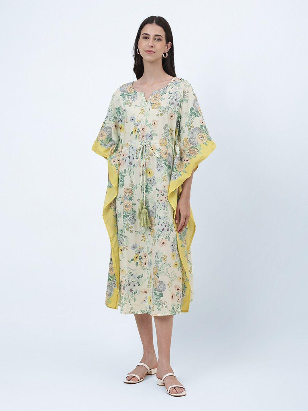 fabindia floral printed notched neck cotton kaftan midi dress