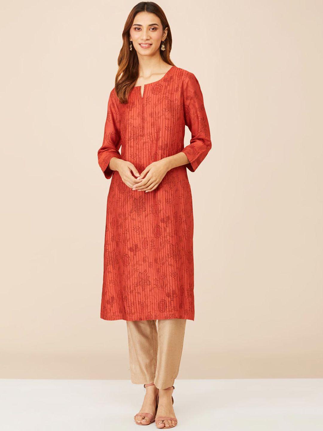 fabindia floral printed notched round neck straight kurta