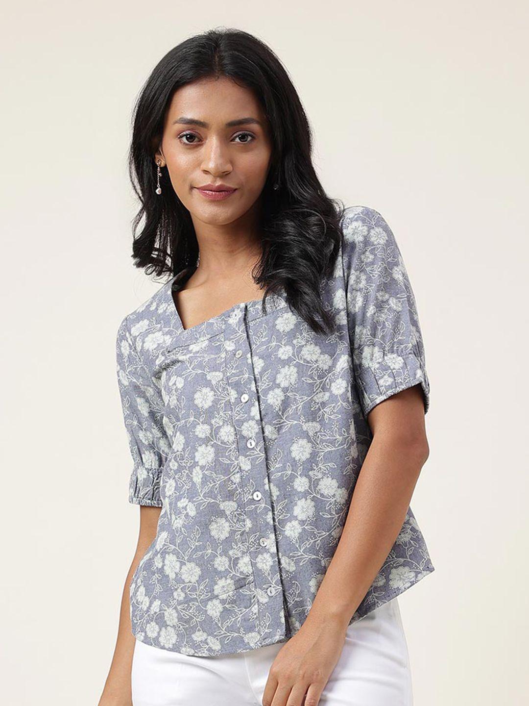 fabindia floral printed square neck shirt style cotton top