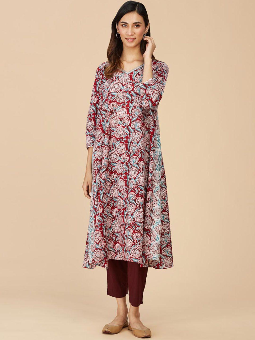 fabindia floral printed v-neck cotton a-line kurta