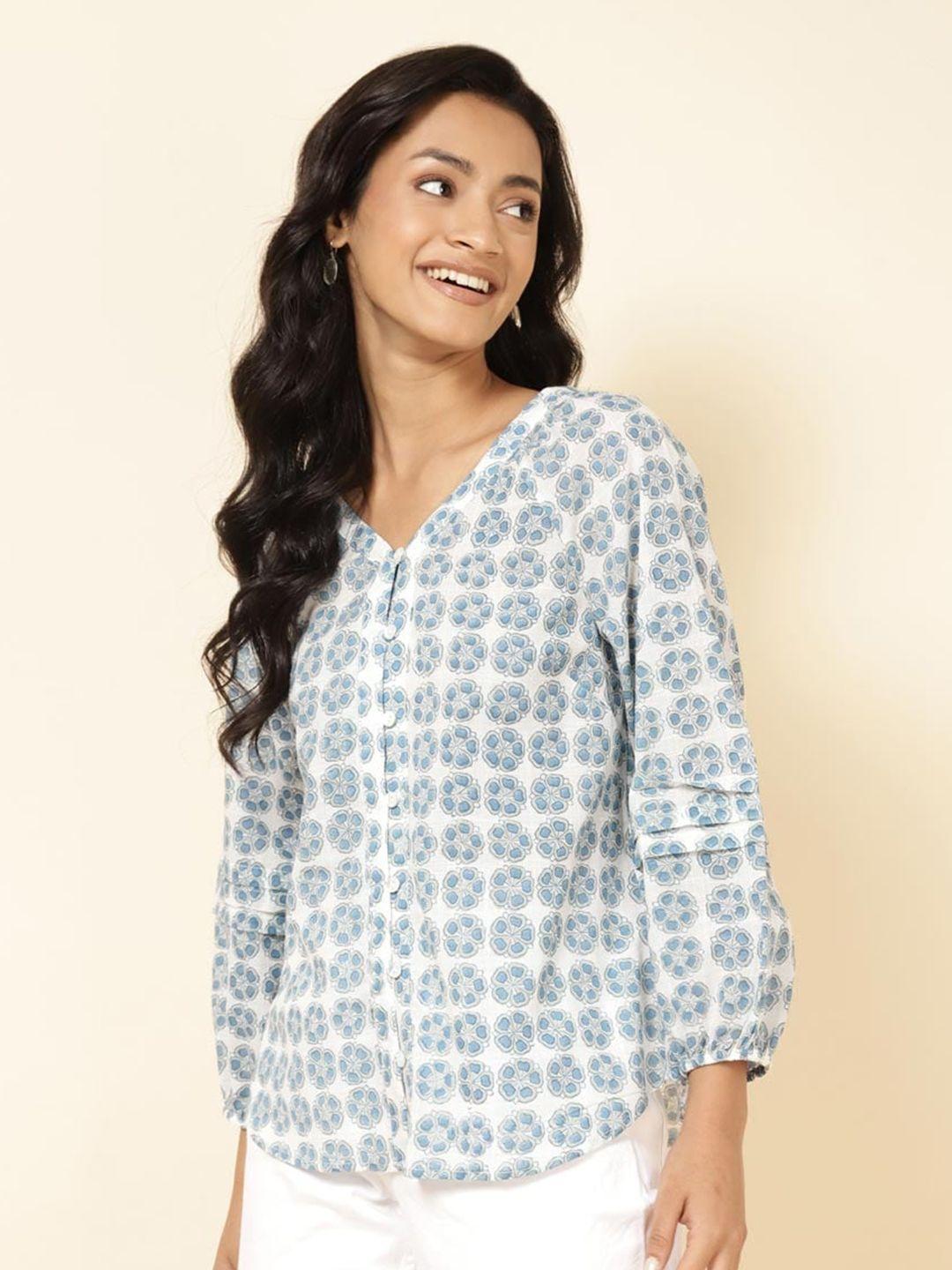 fabindia floral printed v-neck cotton shirt style top