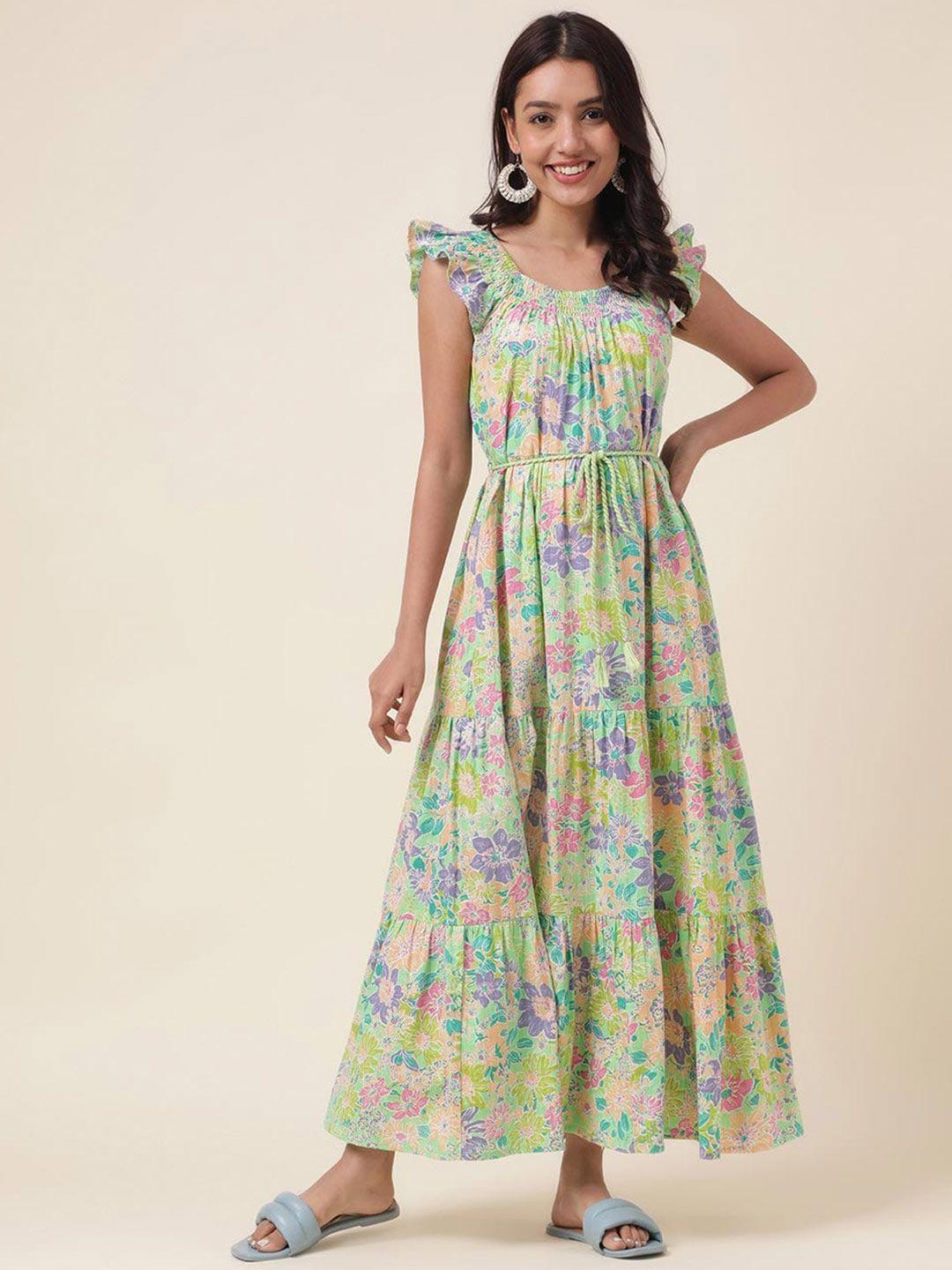 fabindia gathered floral printed smocked layered sleeveless maxi dress