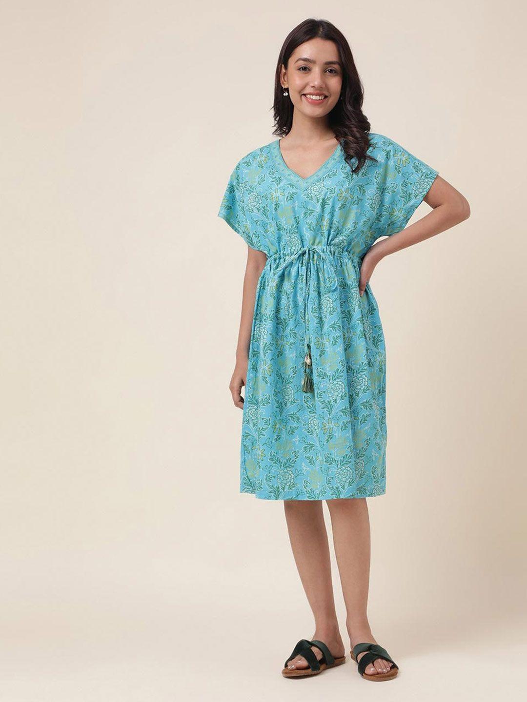 fabindia gathered floral printed v-neck a-line dress