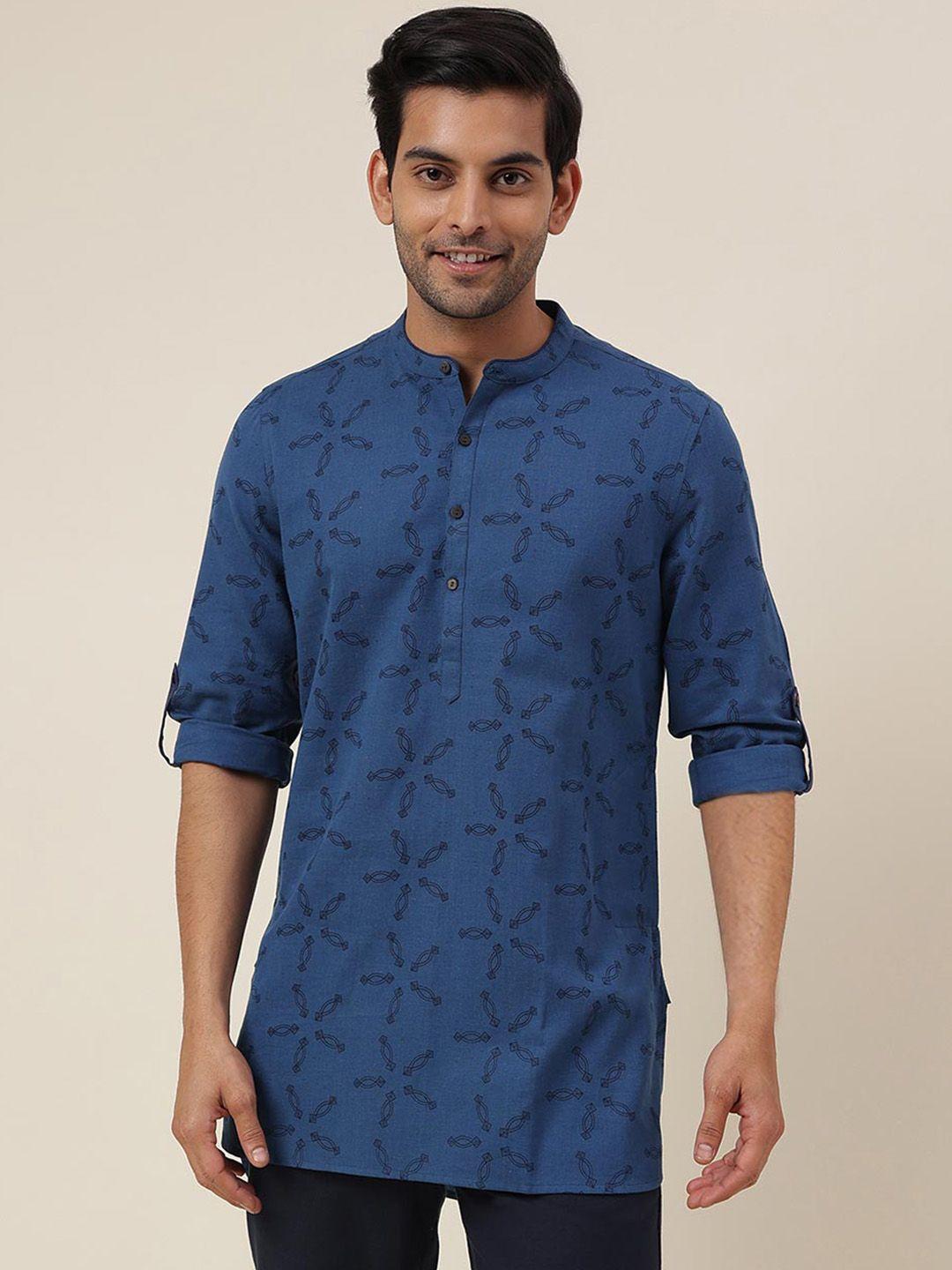 fabindia geometric band collar roll-up sleeves kurta