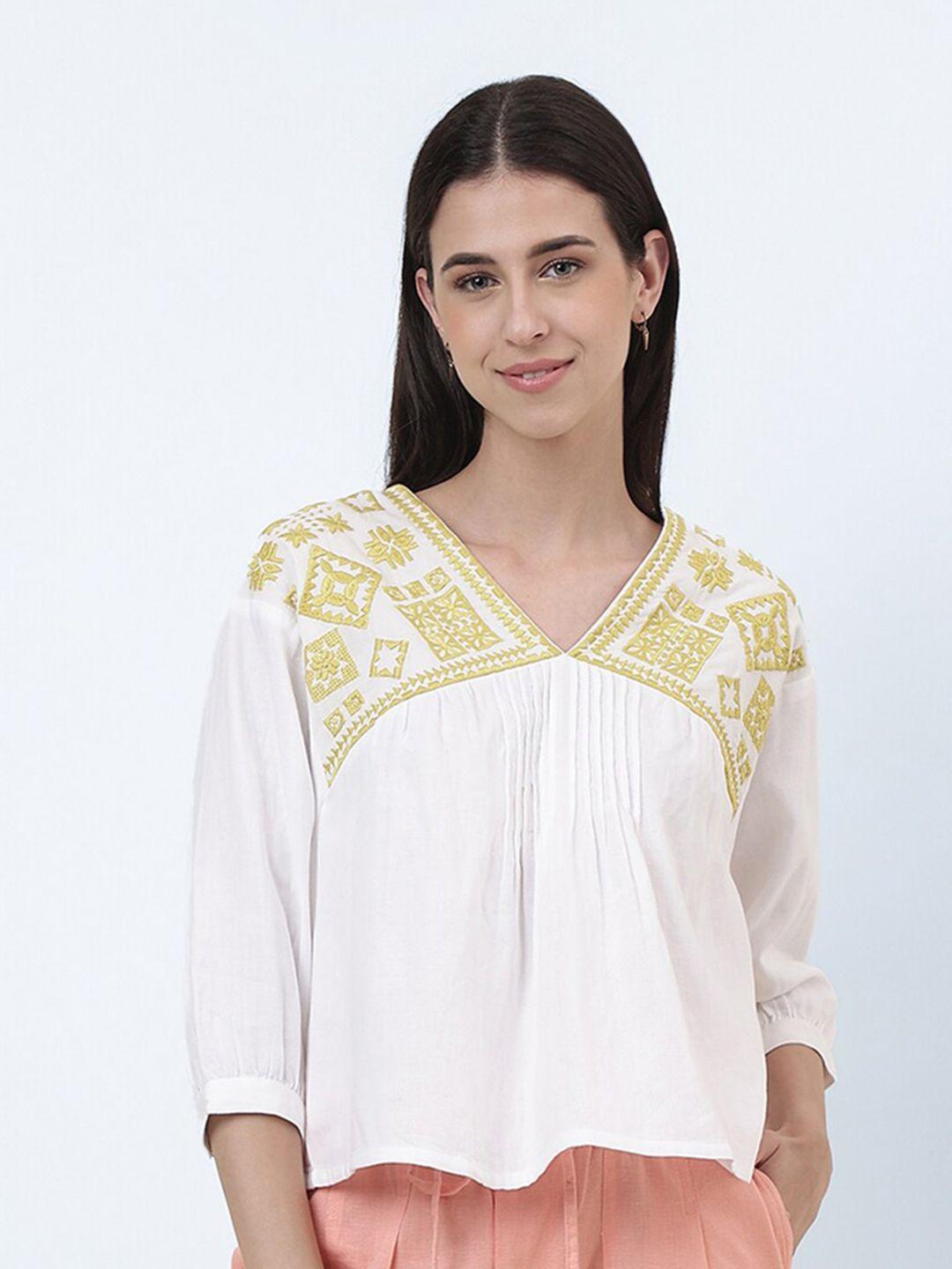 fabindia geometric embroidered v-neck cotton top