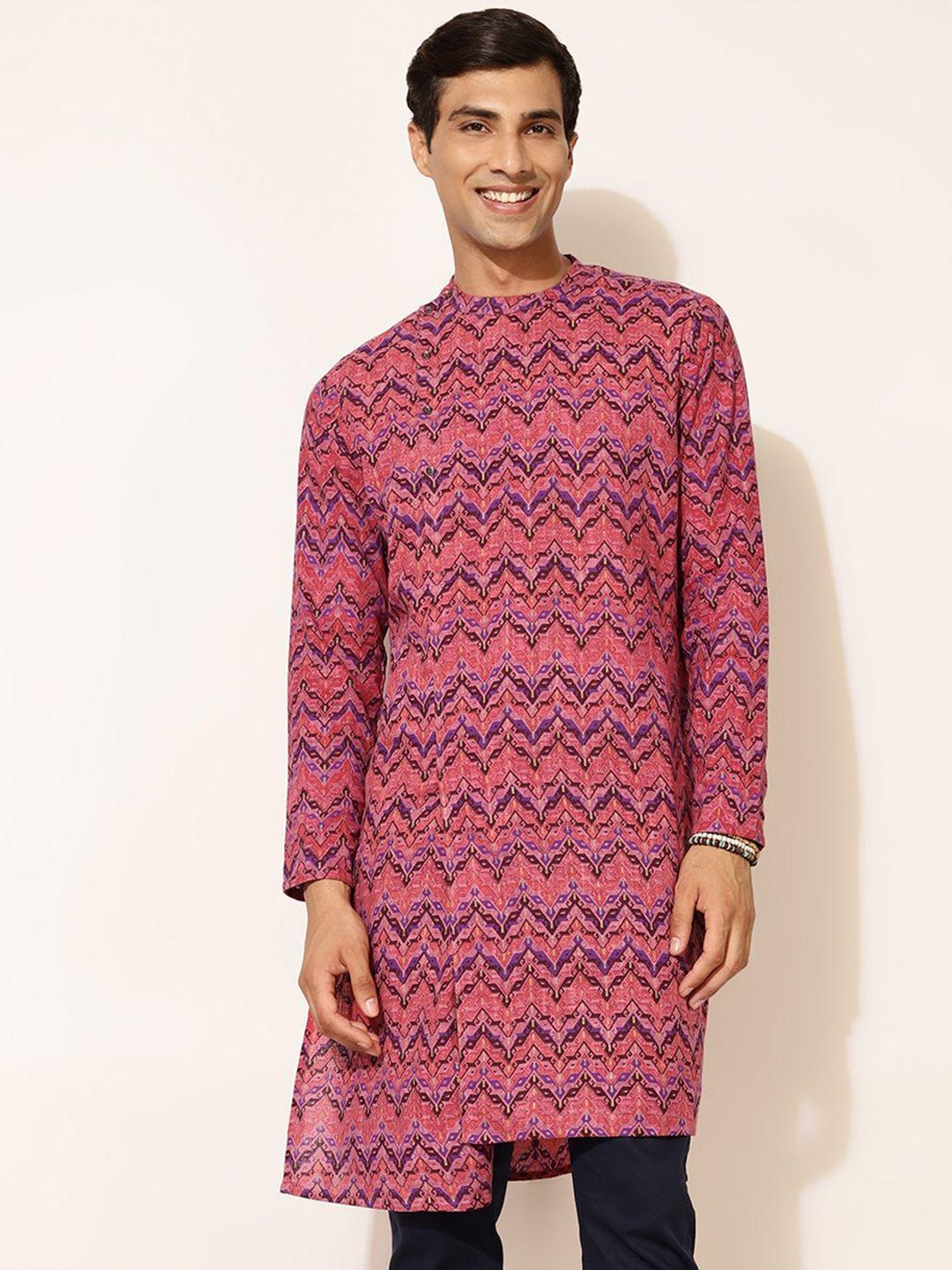 fabindia geometric printed mandarin collar asymmetric cotton kurta