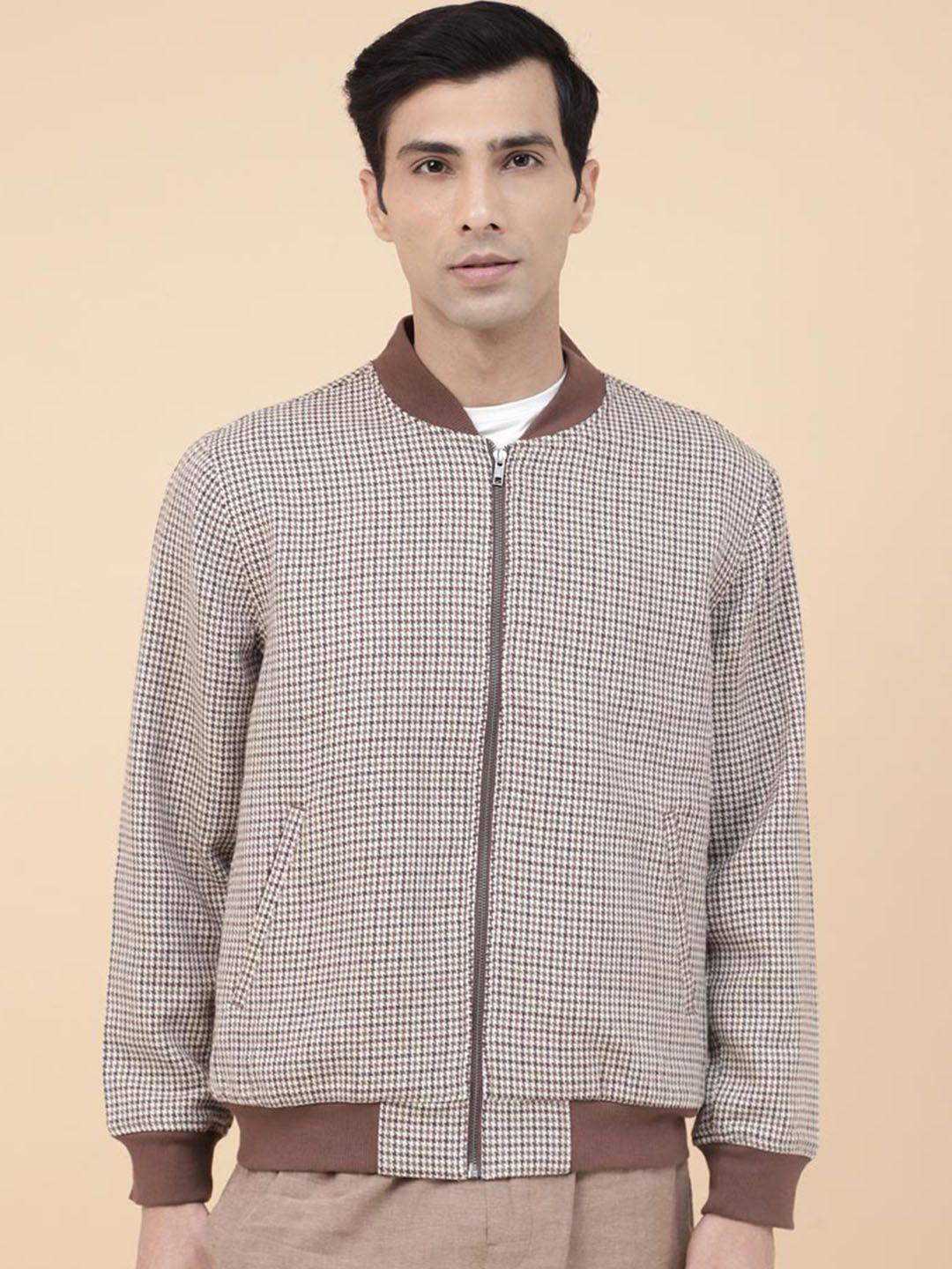 fabindia geometric self design stand collar woollen bomber jacket
