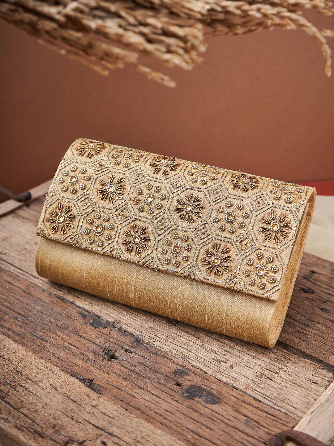 fabindia gold-toned & beige embroidered purse clutch
