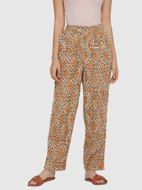 fabindia green & beige printed pants