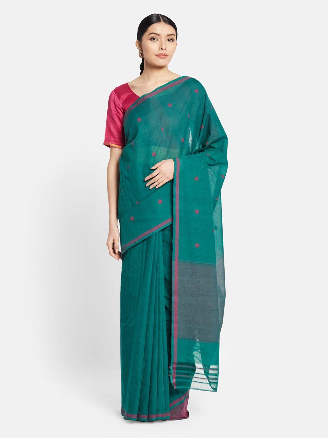 fabindia green & magenta woven design pure cotton saree