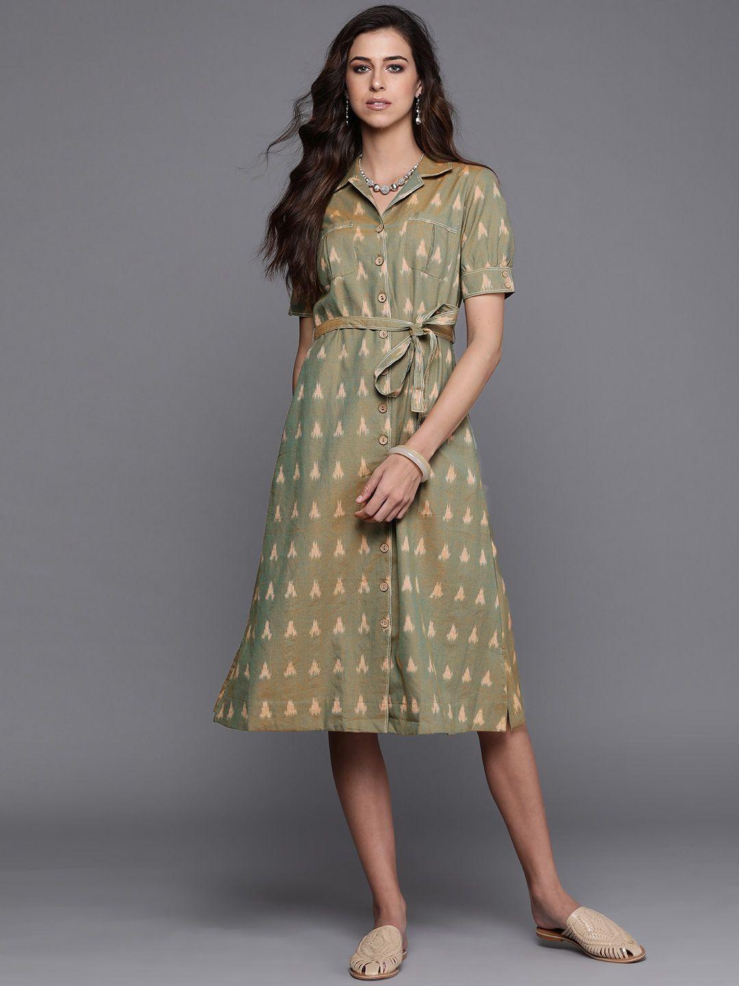 fabindia green & peach-coloured ikkat print shirt dress with belt