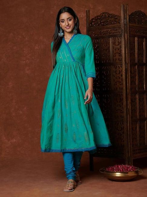 fabindia green cotton embellished kurta churidar set