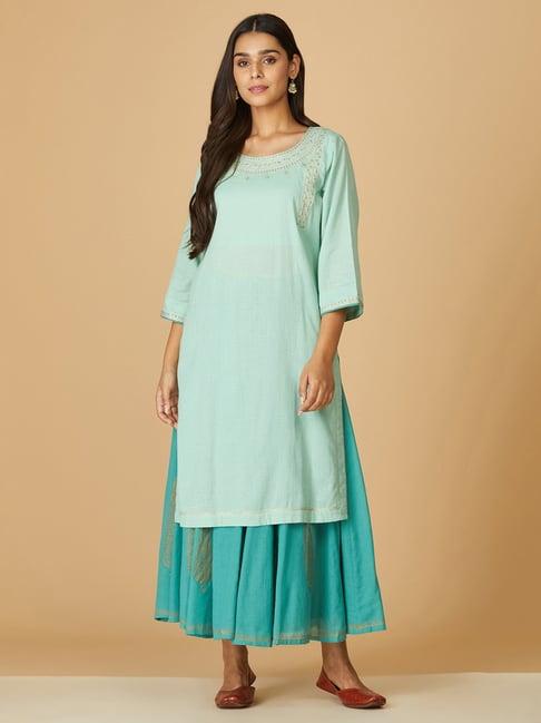 fabindia green cotton embroidered kurta skirt set