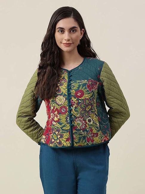 fabindia green cotton floral print jacket