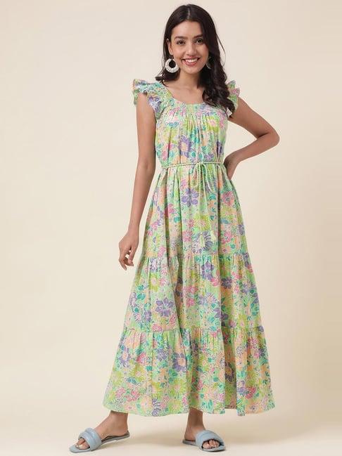 fabindia green cotton floral print maxi dress