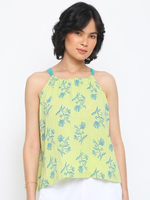 fabindia green cotton floral print top