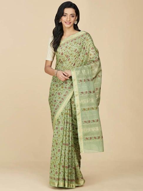 fabindia green cotton silk hand block print saree without blouse piece