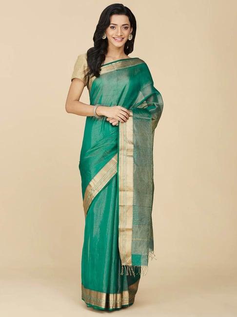 fabindia green cotton silk printed saree without blouse piece