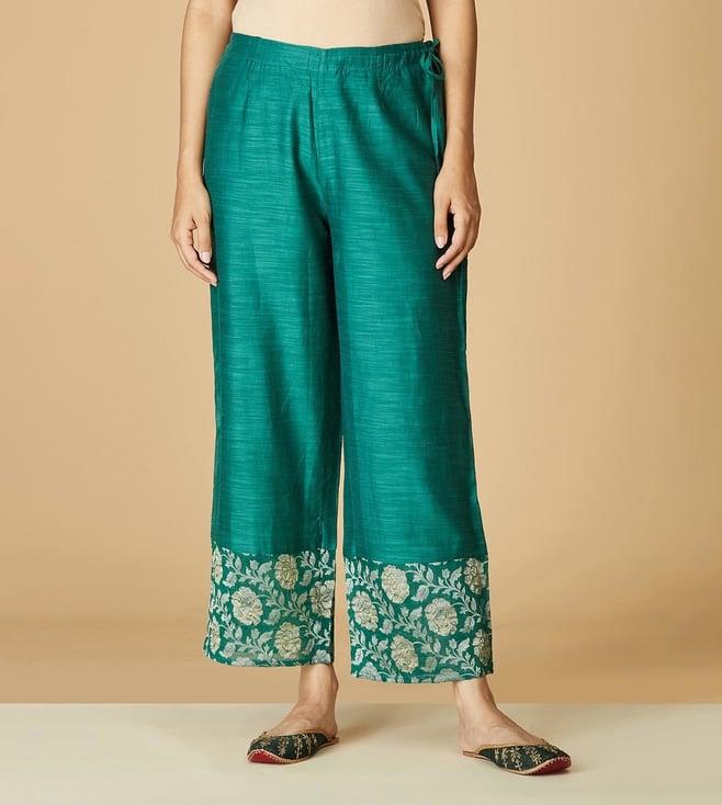 fabindia green cotton solid regular fit ijar pant