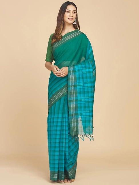 fabindia green cotton woven saree without blouse