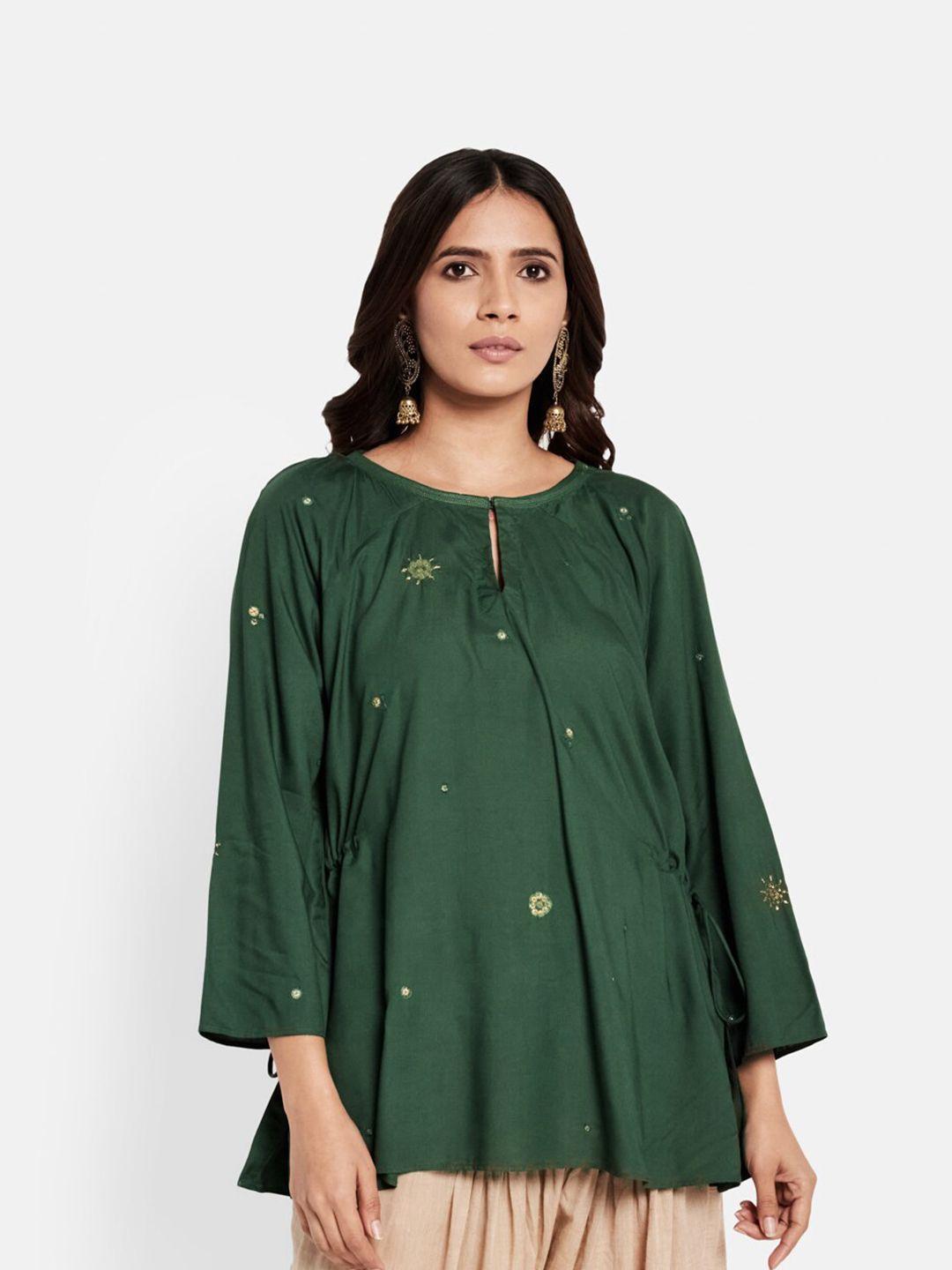 fabindia green embellished embroidered keyhole modal neck top