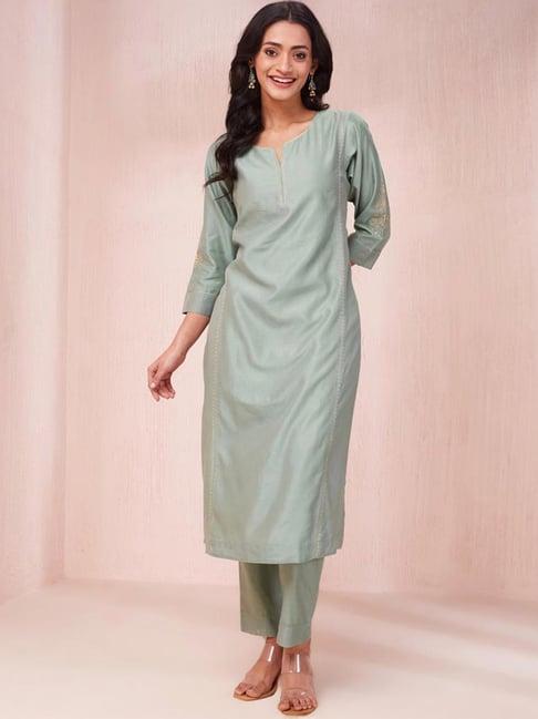 fabindia green embroidered kurta pant set