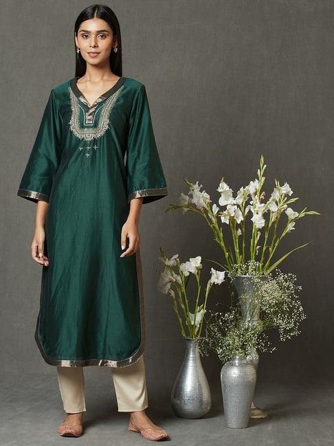 fabindia green embroidered straight kurta