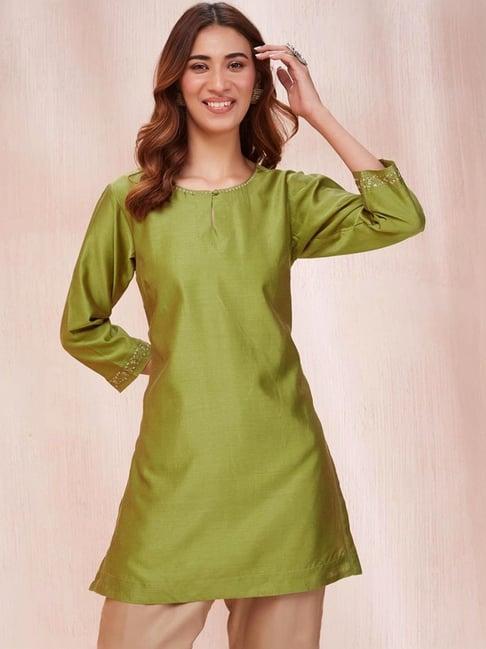 fabindia green embroidered straight kurti