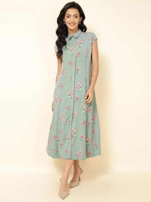 fabindia green floral print shirt dress