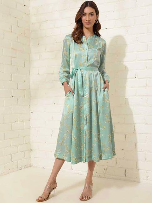 fabindia green floral print shirt dress