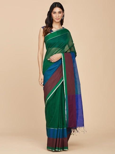 fabindia green striped saree with unstitched blouse