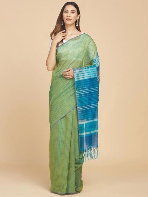 fabindia green striped saree without blouse