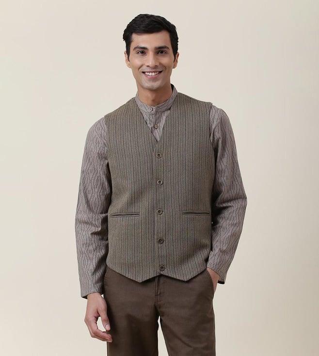 fabindia green woven wool v-neck waistcoat