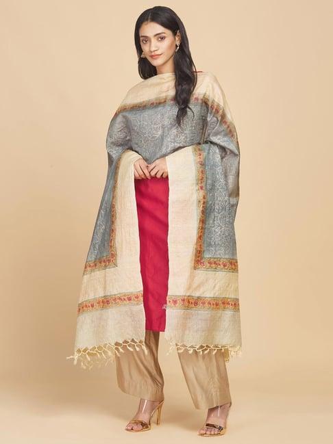 fabindia grey & beige floral print dupatta