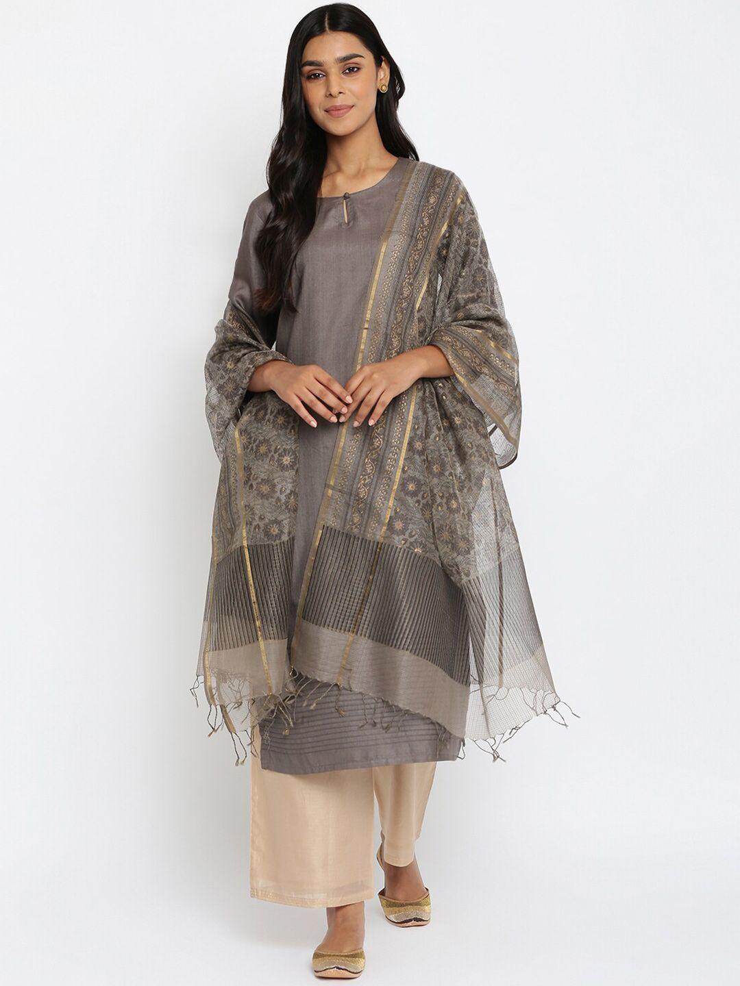 fabindia grey & gold-toned printed tasselled cotton silk dupatta